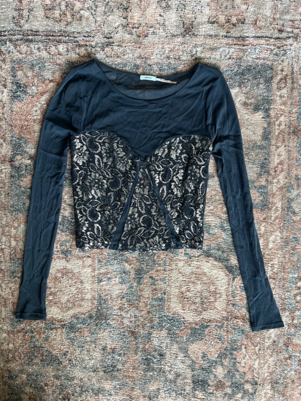 Kimchi Blue Slate Blue Lace Long Sleeve Sheer Cropped Tee